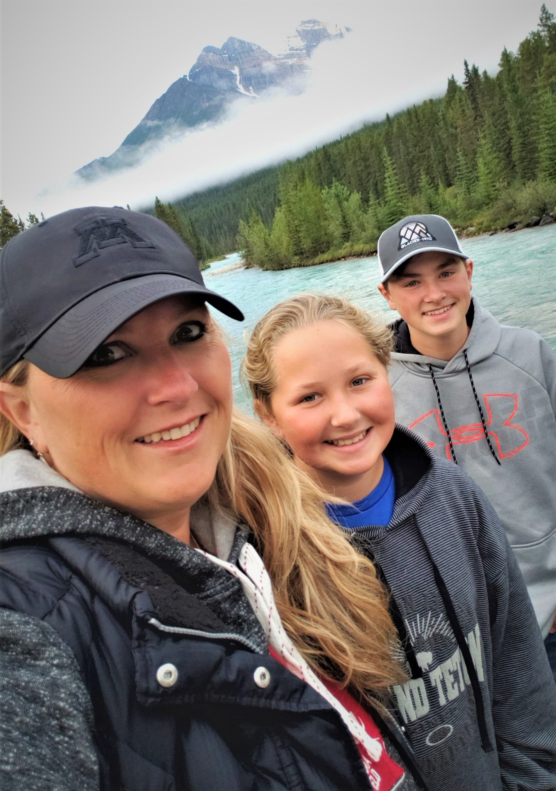 Shannon and her kids Caleb and Jaiden on vacation camping in Banff National Park
