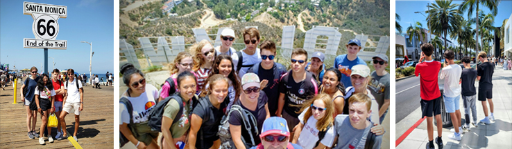 3 images of Jonathan and his intrnational students exploring LA